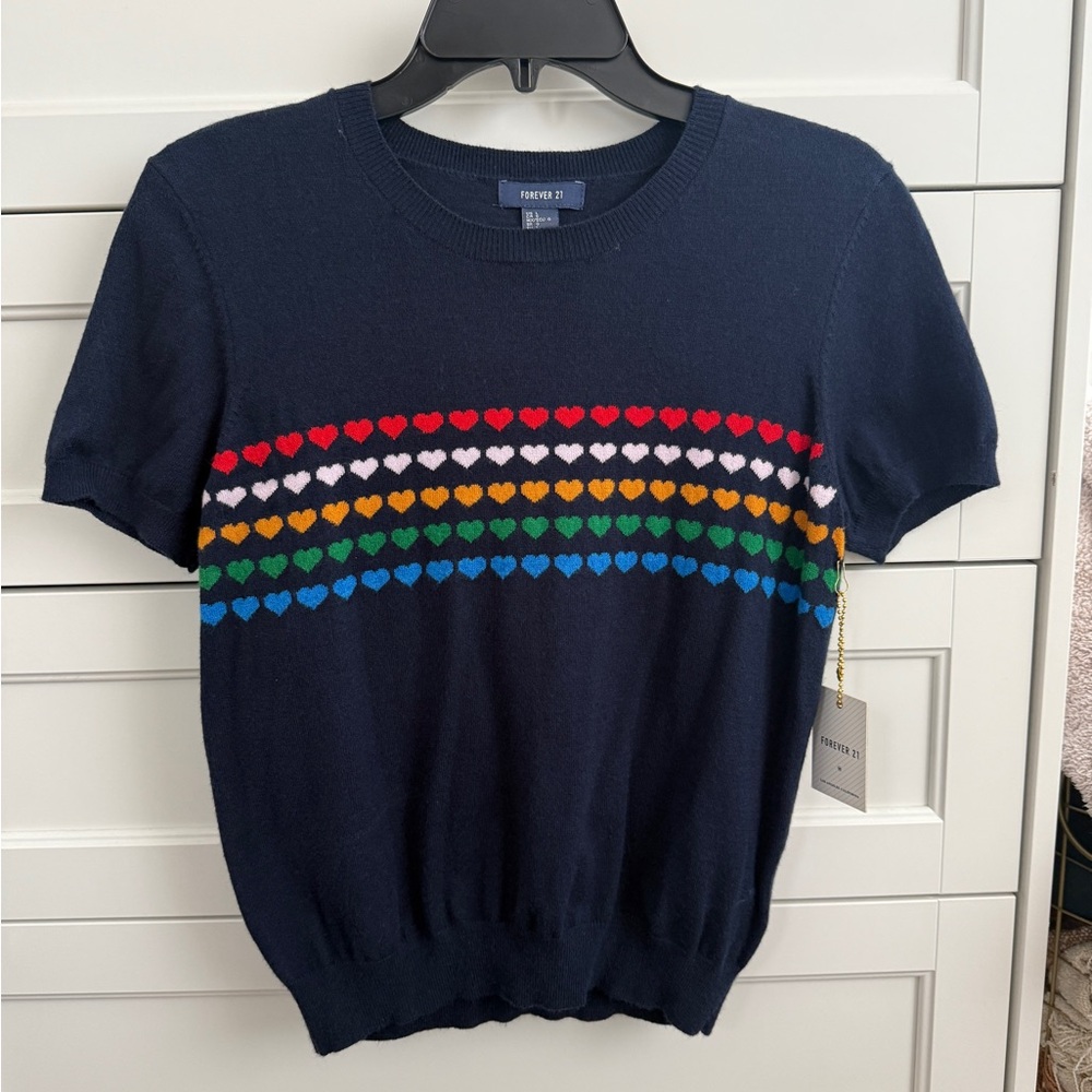Forever 21 Navy Top with Colorful Heart Design